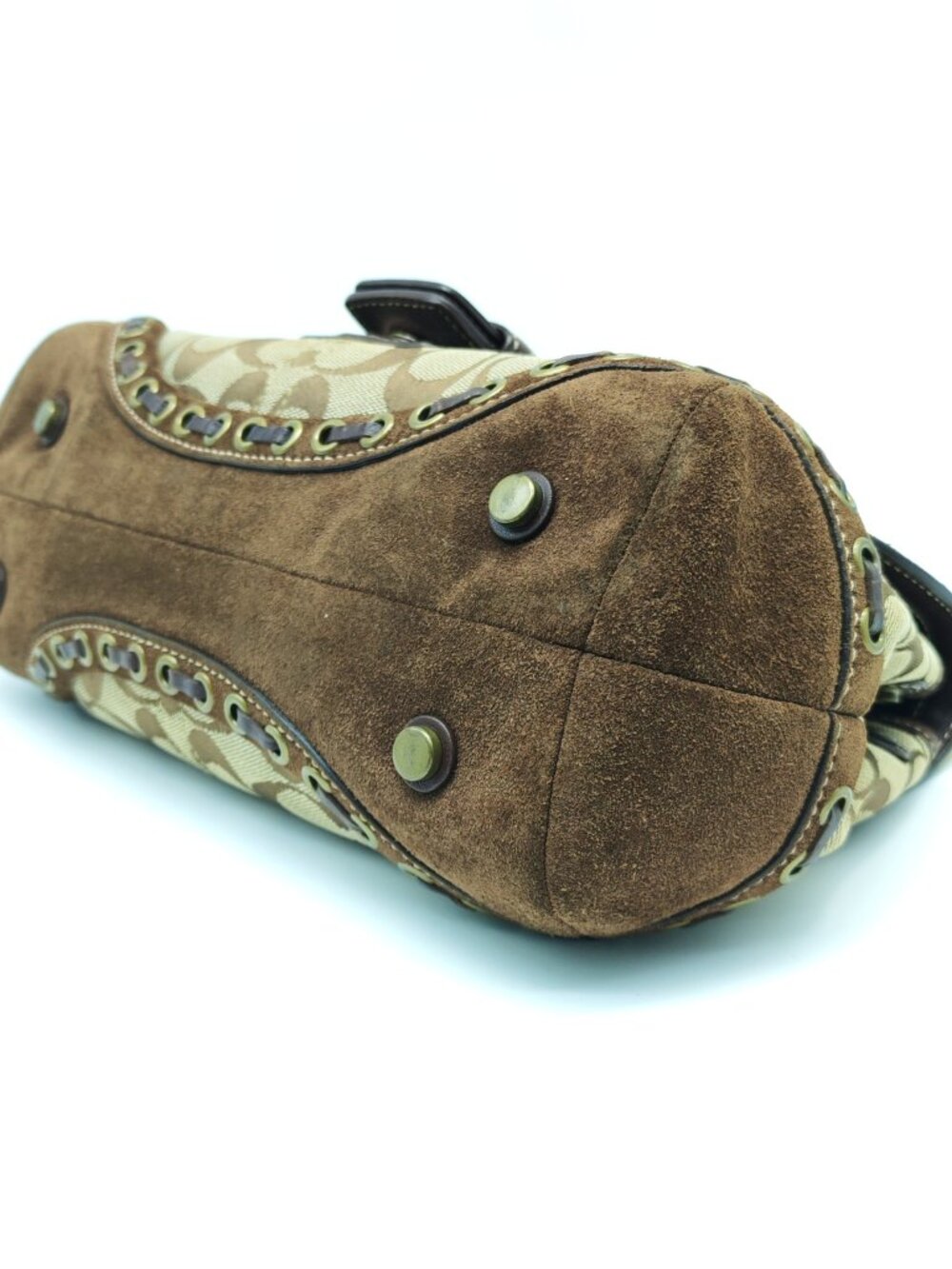 Coach Soho Signature Canvas Suede Buckle Flap Satchel Handbag Brown Studded Y2K - Picture 6 of 15